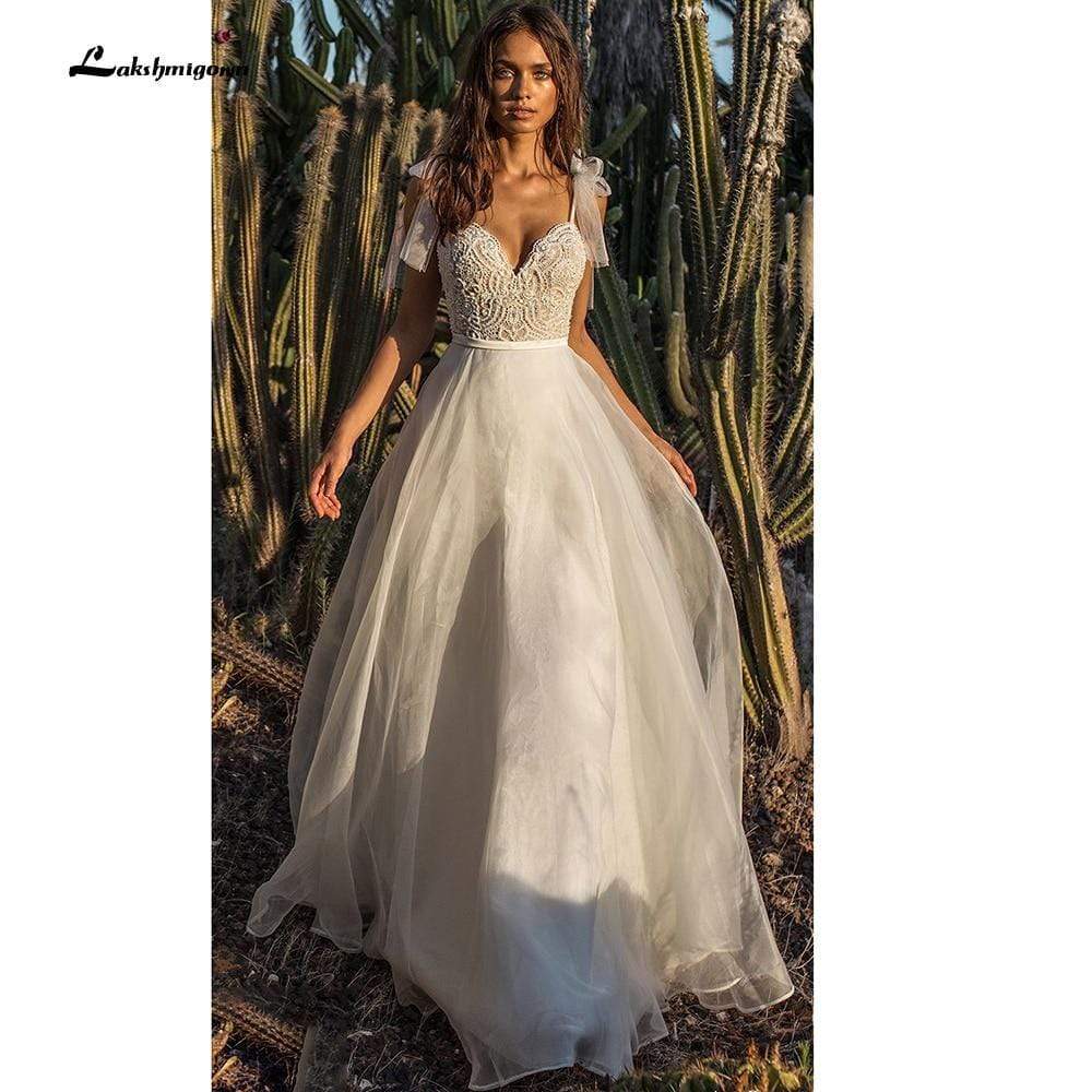 Lace Organza V Neck boho Wedding Dresses A Line - ROYCEBRIDAL OFFICIAL STORE