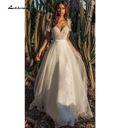 Lace Organza V Neck boho Wedding Dresses A Line - ROYCEBRIDAL OFFICIAL STORE