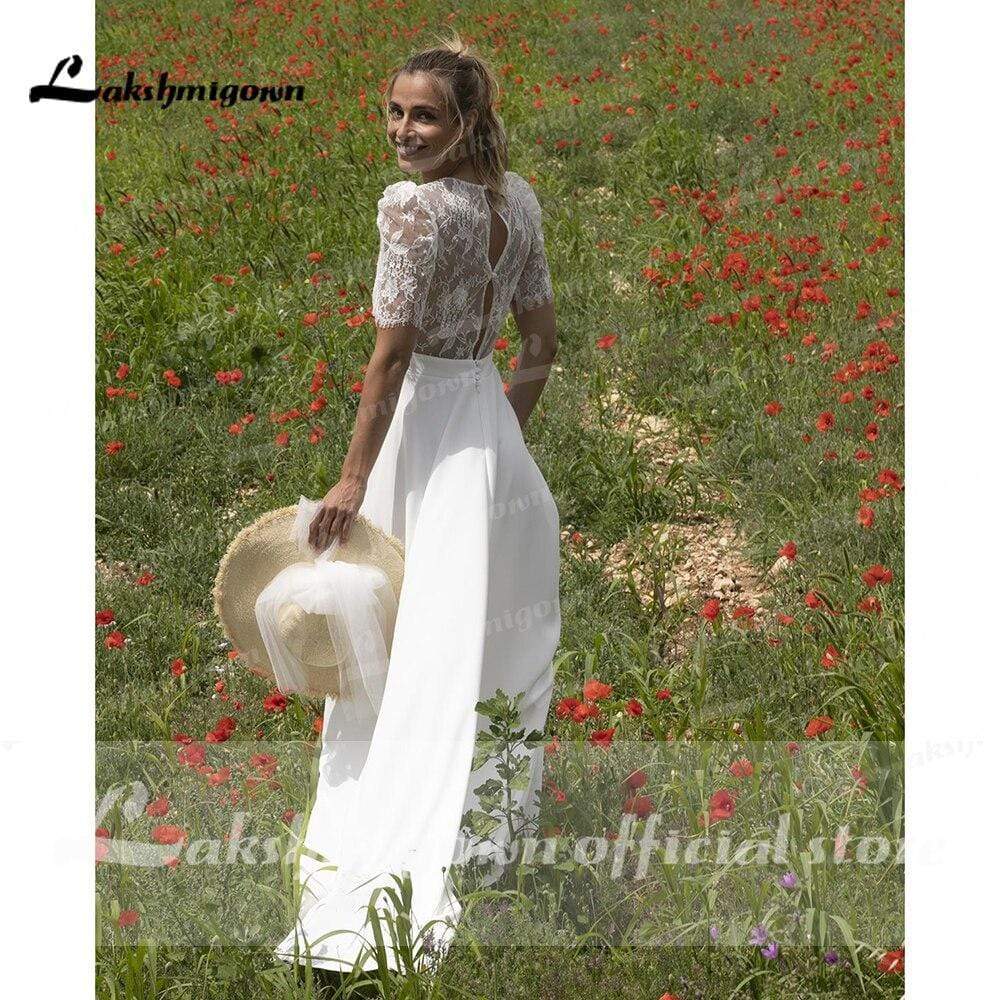 Lace Puff Short Sleeve Romantic Bridal Wedding Dresses - ROYCEBRIDAL OFFICIAL STORE