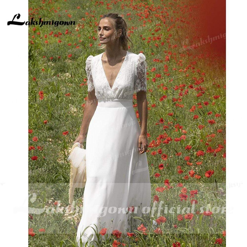Lace Puff Short Sleeve Romantic Bridal Wedding Dresses