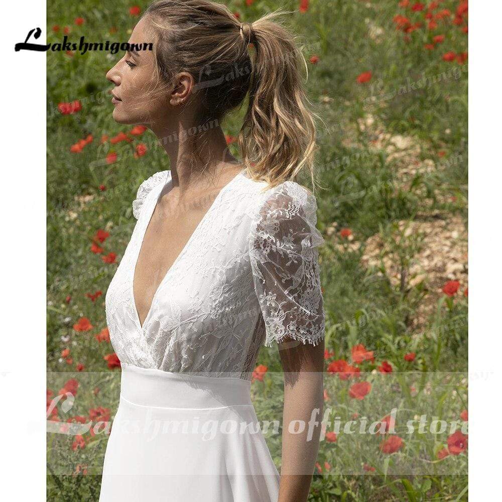 Lace Puff Short Sleeve Romantic Bridal Wedding Dresses - ROYCEBRIDAL OFFICIAL STORE