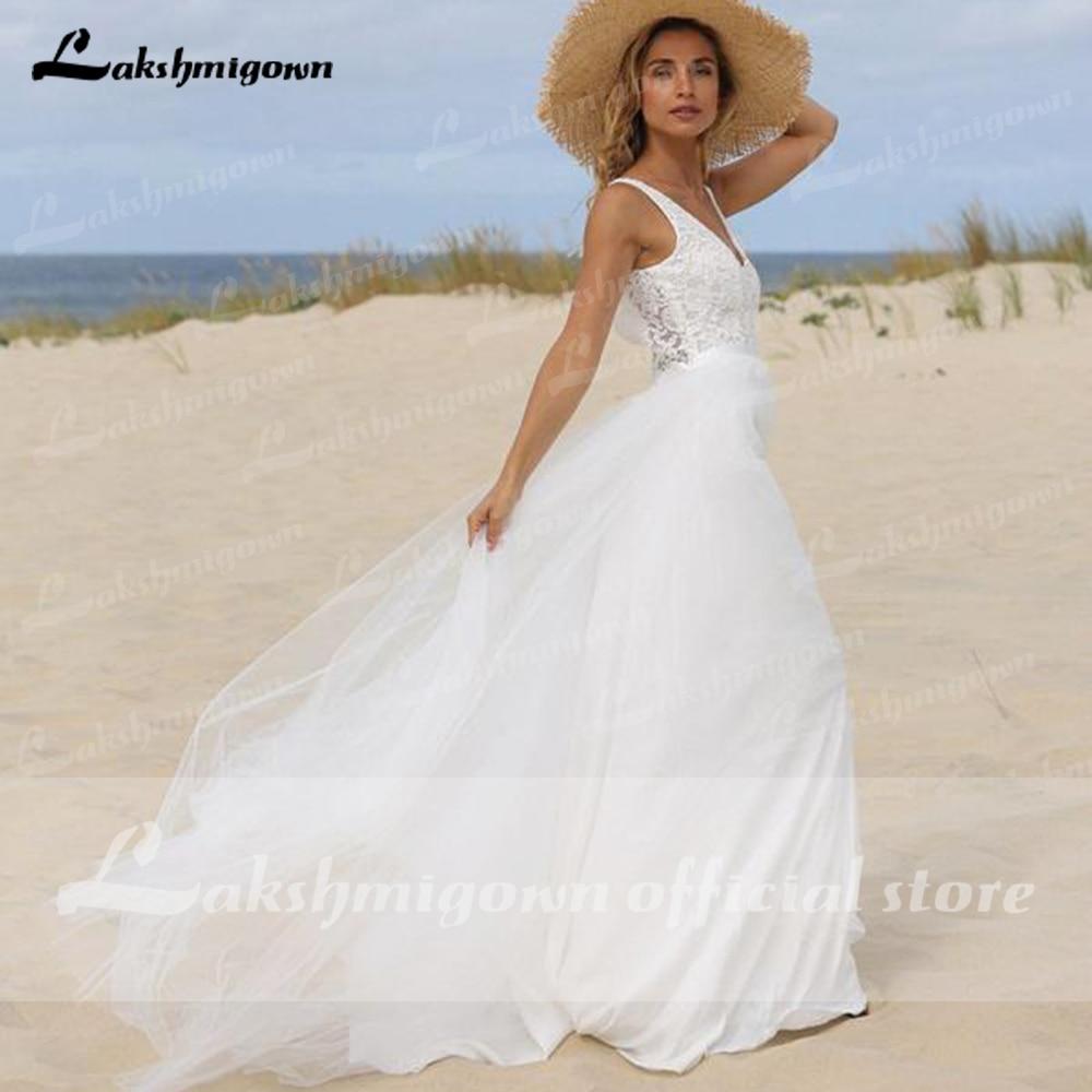 Lace V Sahpe Back Sleeveless Tulle Backless Wedding Dresses With Buttons V Neck Beach vestidos de novia bohemio verano 2021