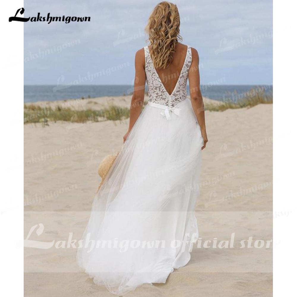 Lace V Sahpe Back Sleeveless Tulle Backless Wedding Dresses With Buttons V Neck Beach vestidos de novia bohemio verano 2021