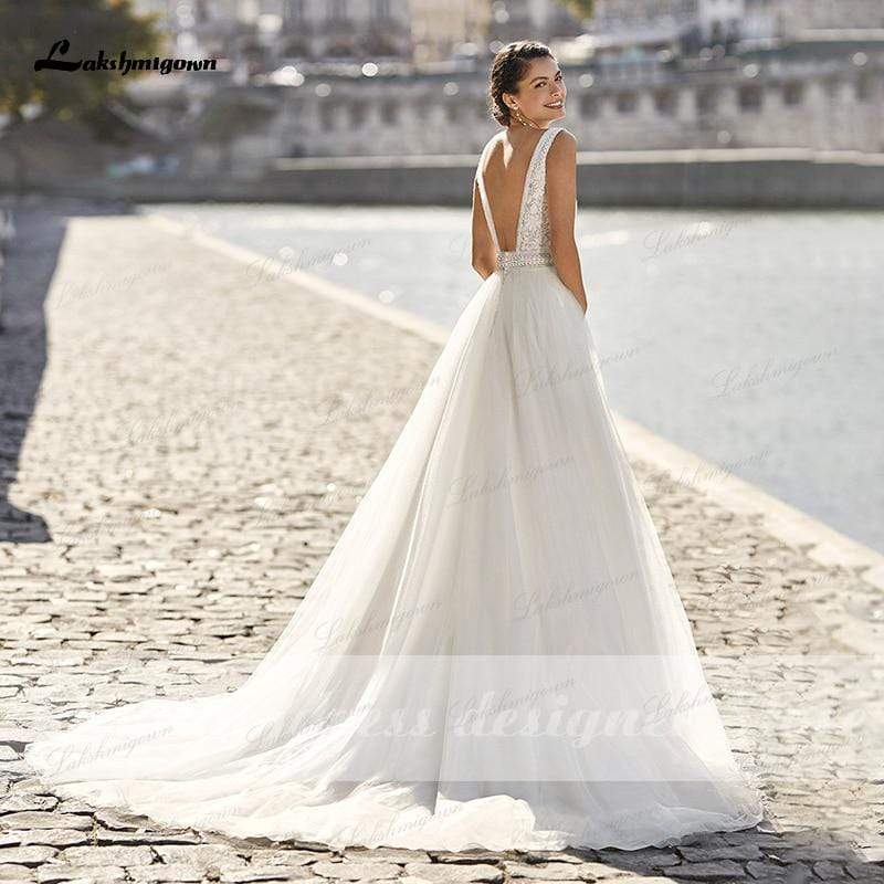 Lace Wedding Dress V-neckline A-Line Beach Bridal Gown
