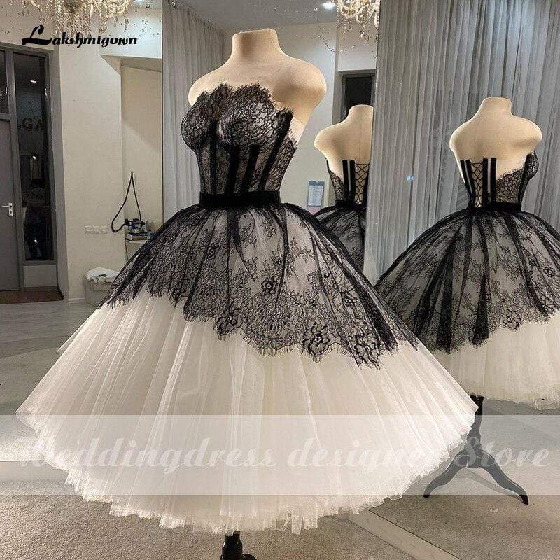 Lakshimigown Boho Lace Wedding Dresses Short Strapless Black - ROYCEBRIDAL OFFICIAL STORE