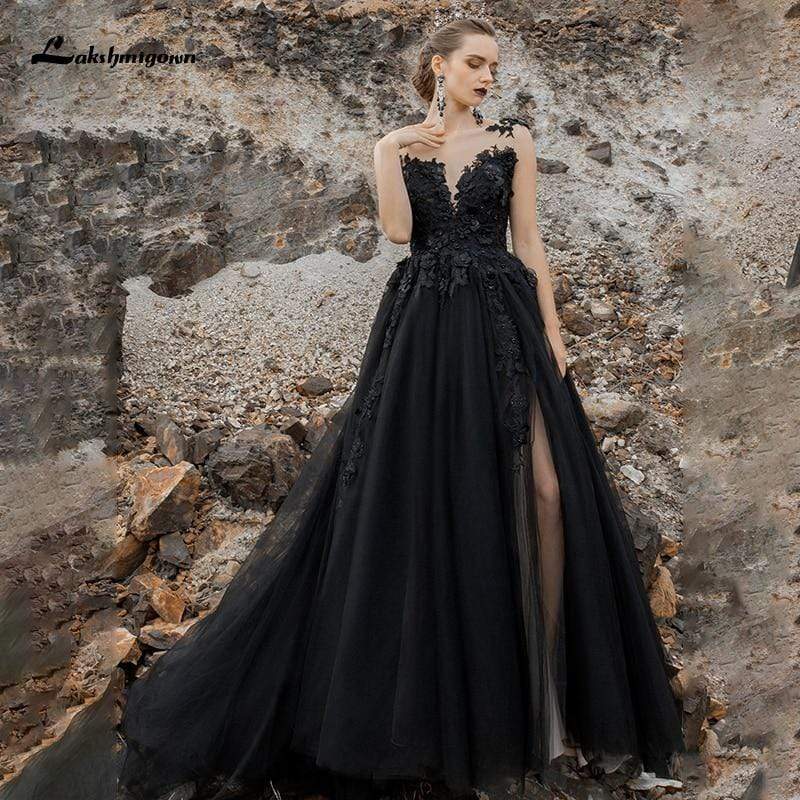 Lakshmigown Black Wedding Dresses High Split Backless Lace Sexy