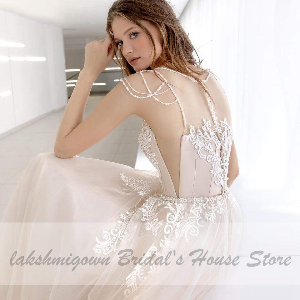 Lakshmigown Classic Champagne Wedding Dress V-Neck Lace Appliques Princess Tulle Long Bridal Dress 2021 Receipt Wedding Gowns