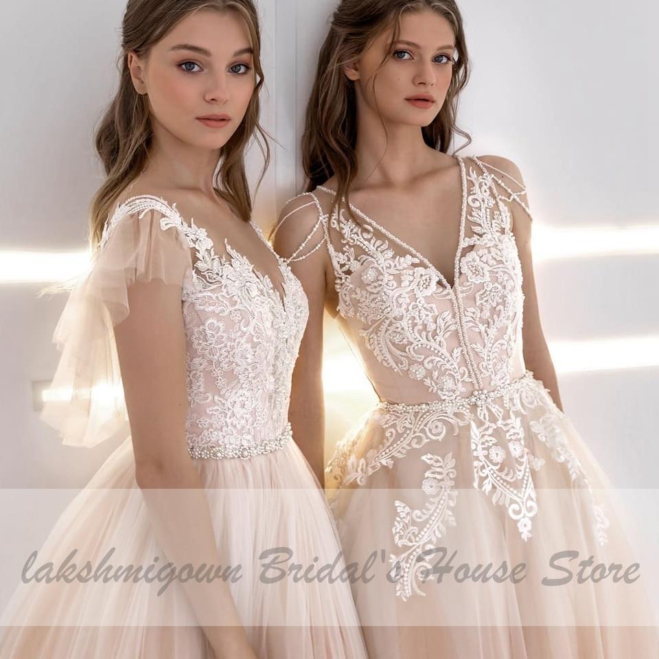 Lakshmigown Classic Champagne Wedding Dress V-Neck Lace Appliques Princess Tulle Long Bridal Dress 2021 Receipt Wedding Gowns