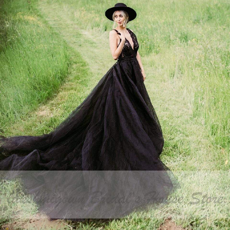 Lakshmigown Gothic Black Wedding Dress Sexy Bridal Dress Lace= - ROYCEBRIDAL OFFICIAL STORE