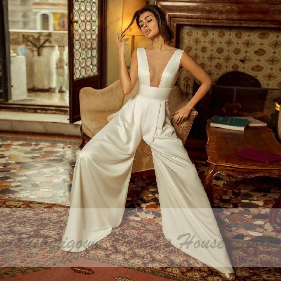 Lakshmigown Ivory Satin Wedding Jumpsuit Bride Gowns V-Neck Backless A line