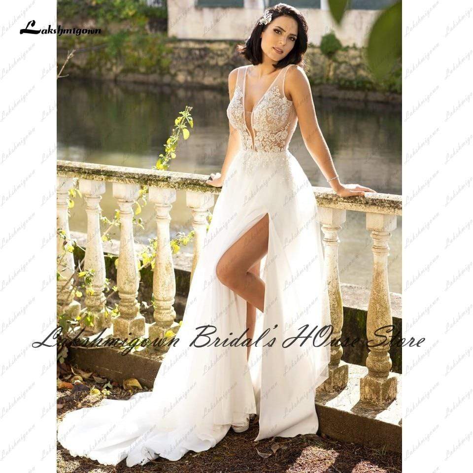 Lakshmigown Sexy Beach Wedding Dresses for Bridal 2021 Vestido Boda V-neck Off White Lace Bodice Boho Wedding Dress Sleevelss - ROYCEBRIDAL OFFICIAL STORE
