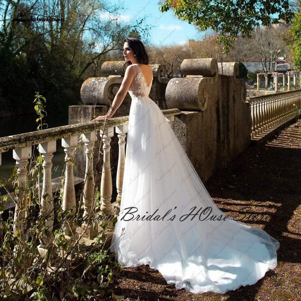 Lakshmigown Sexy Beach Wedding Dresses for Bridal 2021 Vestido Boda V-neck Off White Lace Bodice Boho Wedding Dress Sleevelss - ROYCEBRIDAL OFFICIAL STORE