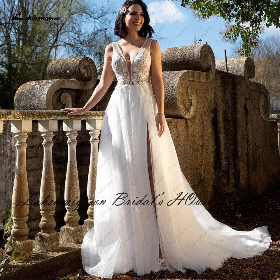 Lakshmigown Sexy Beach Wedding Dresses for Bridal 2021 Vestido Boda V-neck Off White Lace Bodice Boho Wedding Dress Sleevelss - ROYCEBRIDAL OFFICIAL STORE