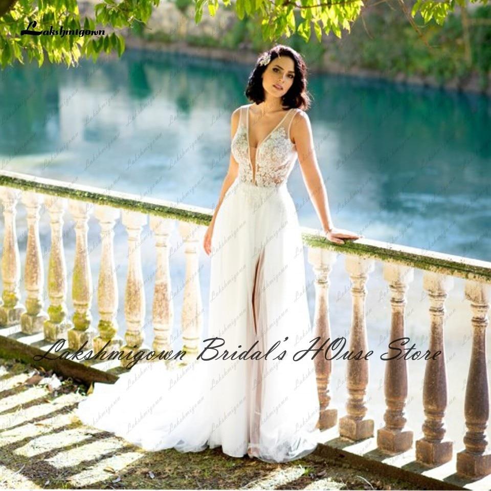 Lakshmigown Sexy Beach Wedding Dresses for Bridal 2021 Vestido Boda V-neck Off White Lace Bodice Boho Wedding Dress Sleevelss