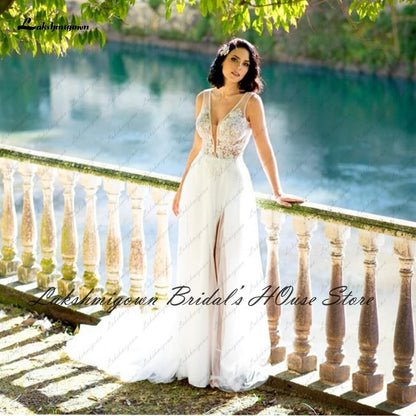 Lakshmigown Sexy Beach Wedding Dresses for Bridal 2021 Vestido Boda V-neck Off White Lace Bodice Boho Wedding Dress Sleevelss - ROYCEBRIDAL OFFICIAL STORE
