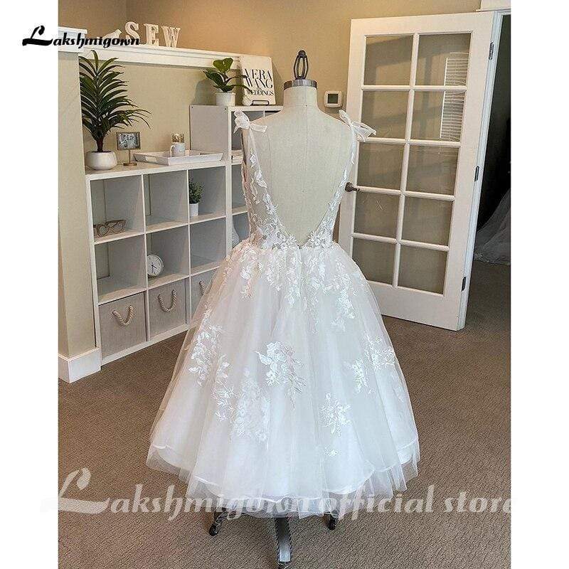 Lakshmigown Short Wedding Dresses V Neck Lace