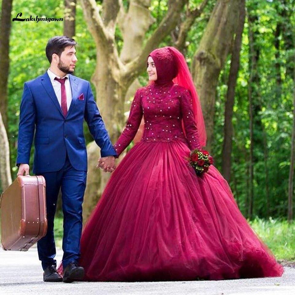 Latest Burgundy Muslim Wedding Dress with Hijab