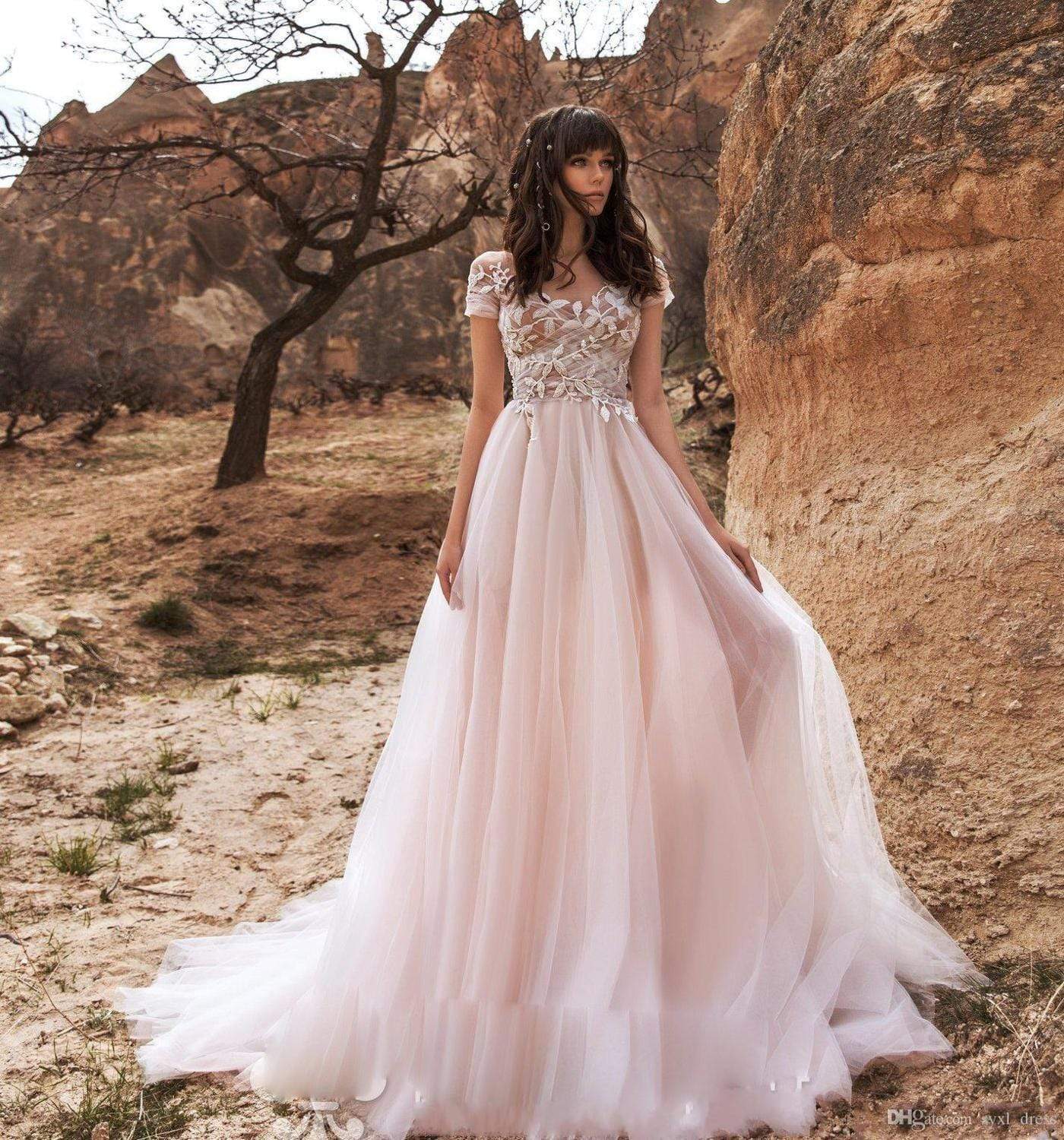 Long Sleeve Wedding Dress Pink Haute Couture Bridal Dress With Train