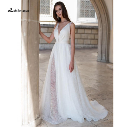 Long shiny tulle Wedding Dress Lace A Line - ROYCEBRIDAL OFFICIAL STORE
