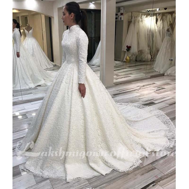 Long Sleeve Arabic Wedding Dresses Beaded Pearls Lace Bridal Gowns - ROYCEBRIDAL OFFICIAL STORE