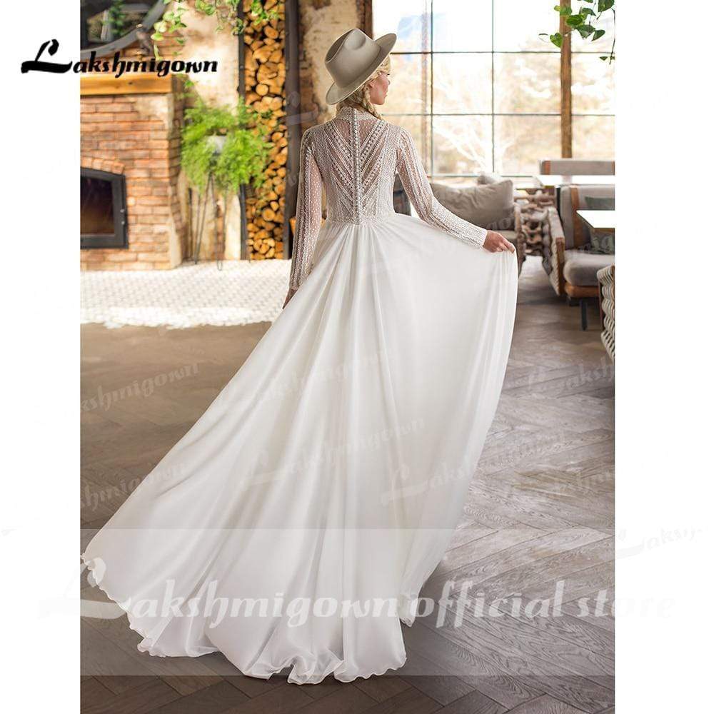 Long Sleeve Chiffon Lace Beach Elegant Wedding Dresses