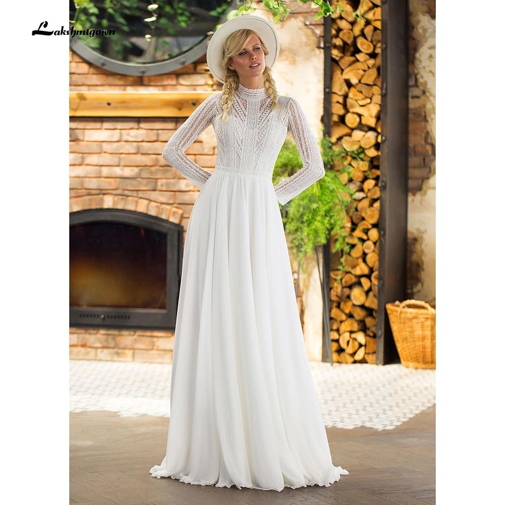 Long Sleeve Chiffon Lace Beach Elegant Wedding Dresses