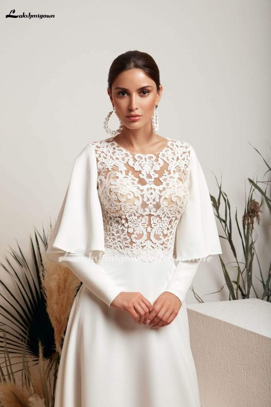 Long Sleeve High Neck Lace Back Buttons Wedding Dresses