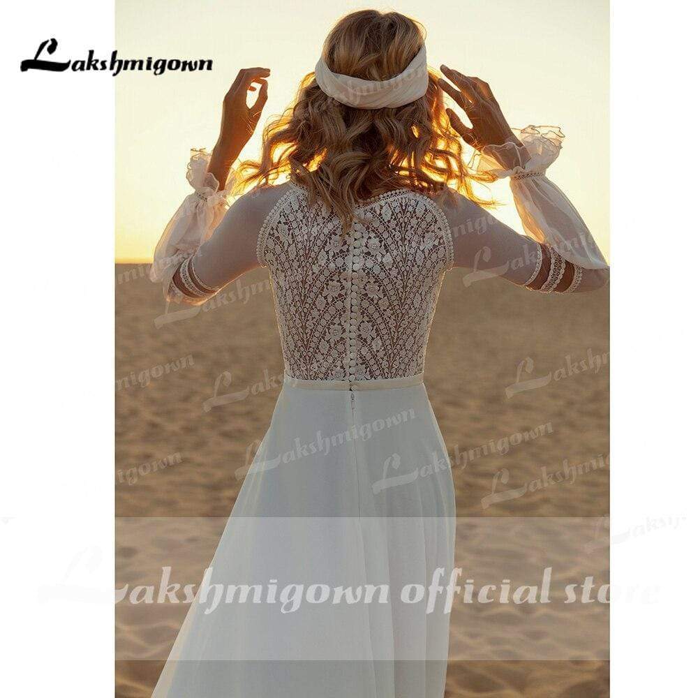 Long Sleeve Lace Chiffon Boho A Line Wedding Dresses - ROYCEBRIDAL OFFICIAL STORE