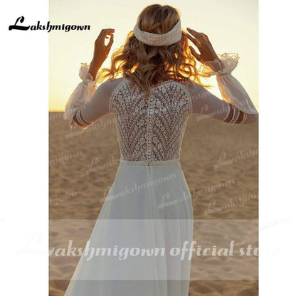 Long Sleeve Lace Chiffon Boho A Line Wedding Dresses - ROYCEBRIDAL OFFICIAL STORE