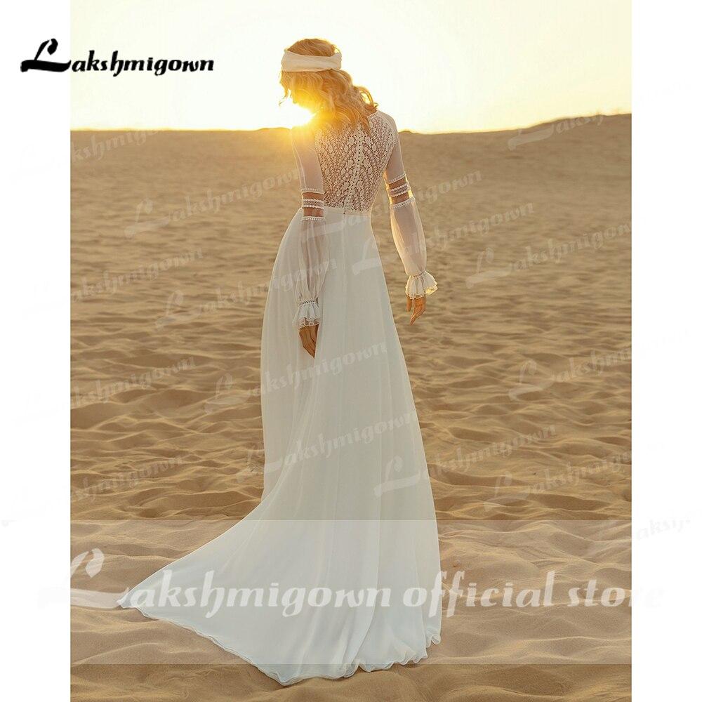 Long Sleeve Lace Chiffon Boho A Line Wedding Dresses - ROYCEBRIDAL OFFICIAL STORE
