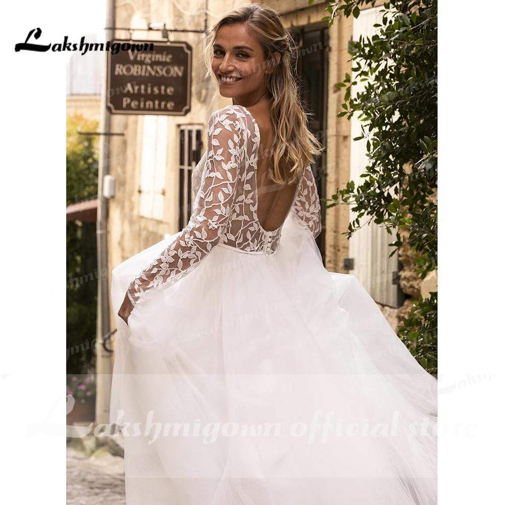 Long Sleeve Lace Open Back Tulle Beach Wedding Dresses - ROYCEBRIDAL OFFICIAL STORE