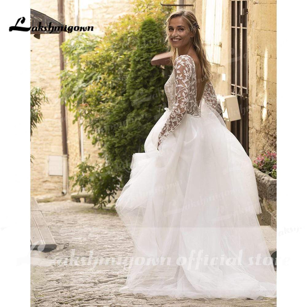 Long Sleeve Lace Open Back Tulle Beach Wedding Dresses - ROYCEBRIDAL OFFICIAL STORE