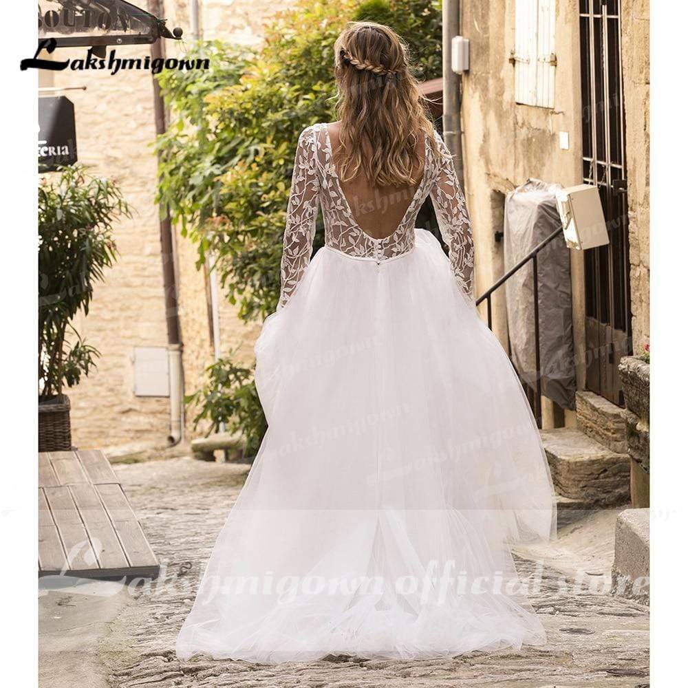 Long Sleeve Lace Open Back Tulle Beach Wedding Dresses - ROYCEBRIDAL OFFICIAL STORE
