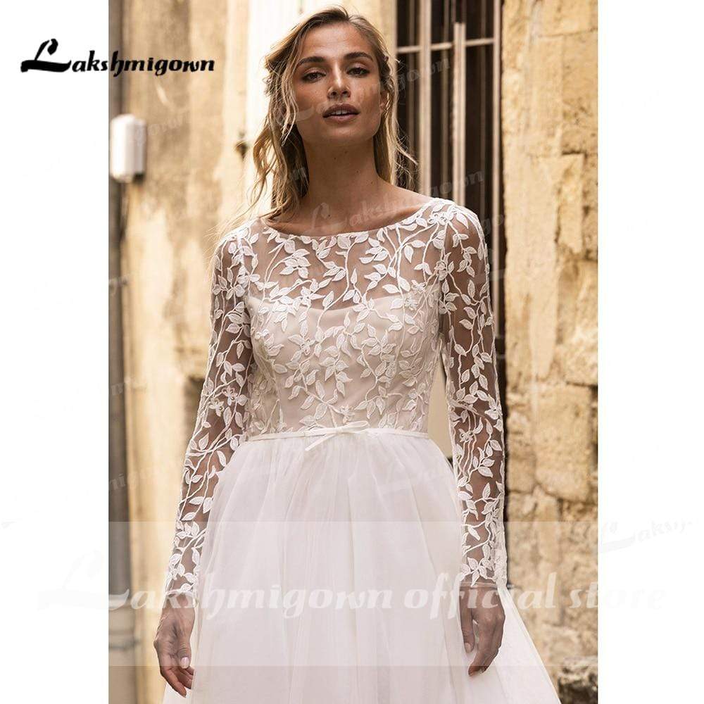 Long Sleeve Lace Open Back Tulle Beach Wedding Dresses - ROYCEBRIDAL OFFICIAL STORE