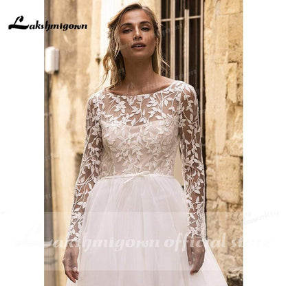 Long Sleeve Lace Open Back Tulle Beach Wedding Dresses - ROYCEBRIDAL OFFICIAL STORE