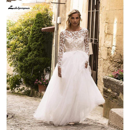 Long Sleeve Lace Open Back Tulle Beach Wedding Dresses - ROYCEBRIDAL OFFICIAL STORE
