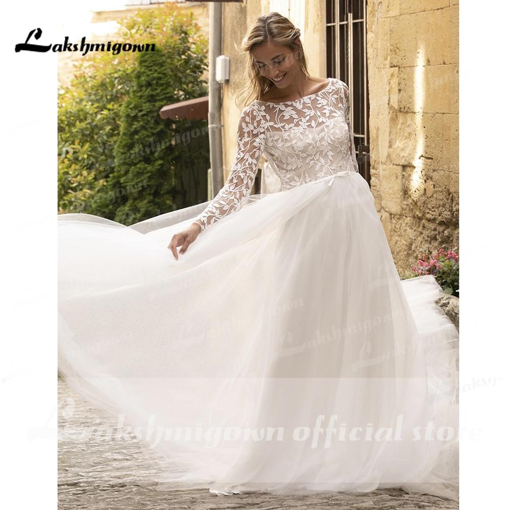 Long Sleeve Lace Open Back Tulle Beach Wedding Dresses