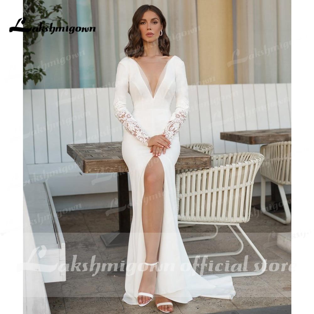 Long Sleeve Split Backless Lace Wedding Dresses - ROYCEBRIDAL OFFICIAL STORE