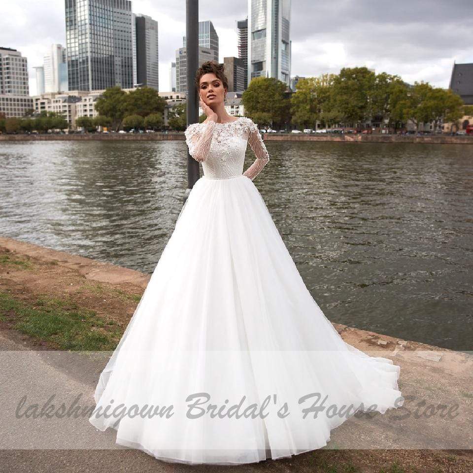 Long Sleeve Wedding Dress A Line Style Flower Lace - ROYCEBRIDAL OFFICIAL STORE