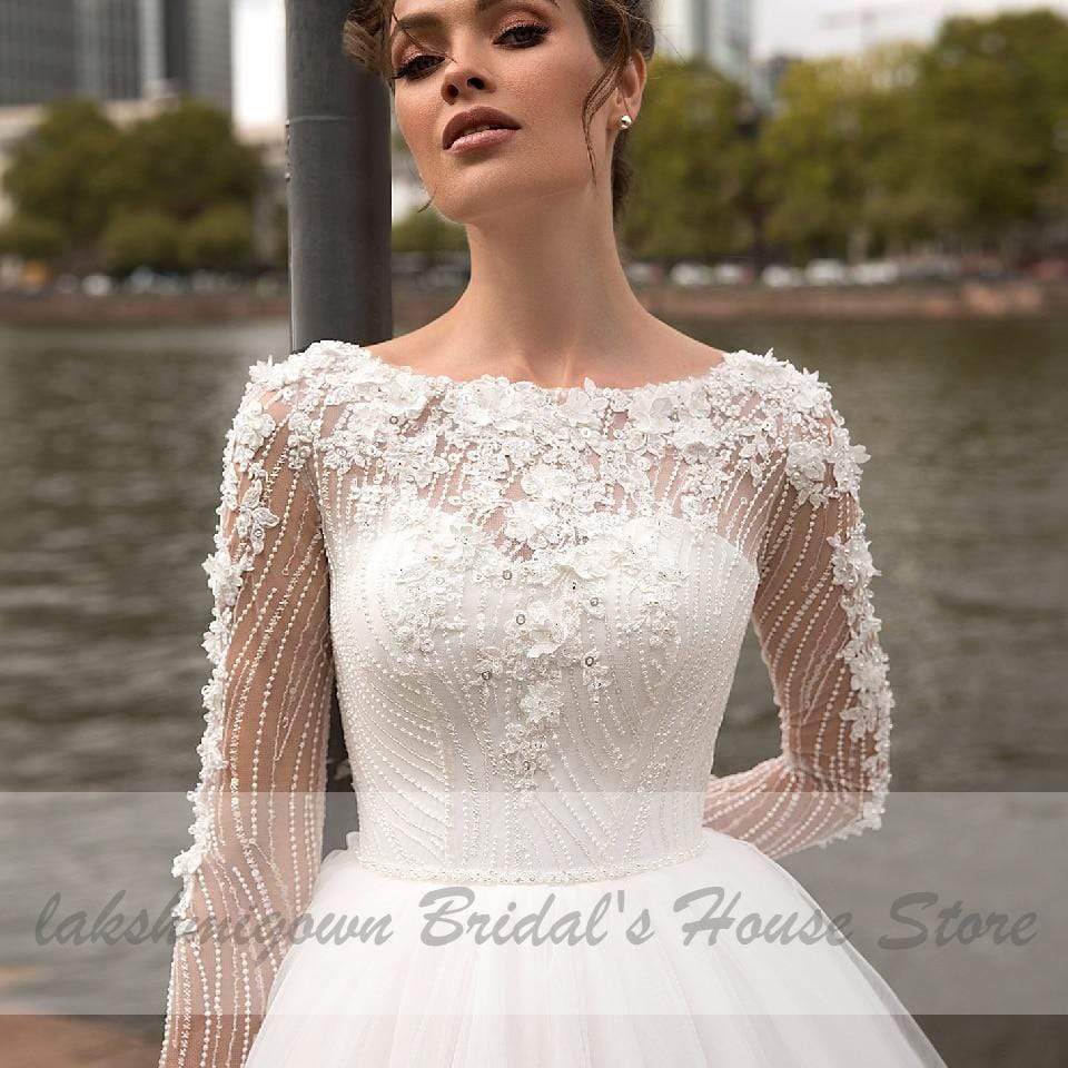 Long Sleeve Wedding Dress A Line Style Flower Lace - ROYCEBRIDAL OFFICIAL STORE