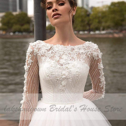 Long Sleeve Wedding Dress A Line Style Flower Lace - ROYCEBRIDAL OFFICIAL STORE
