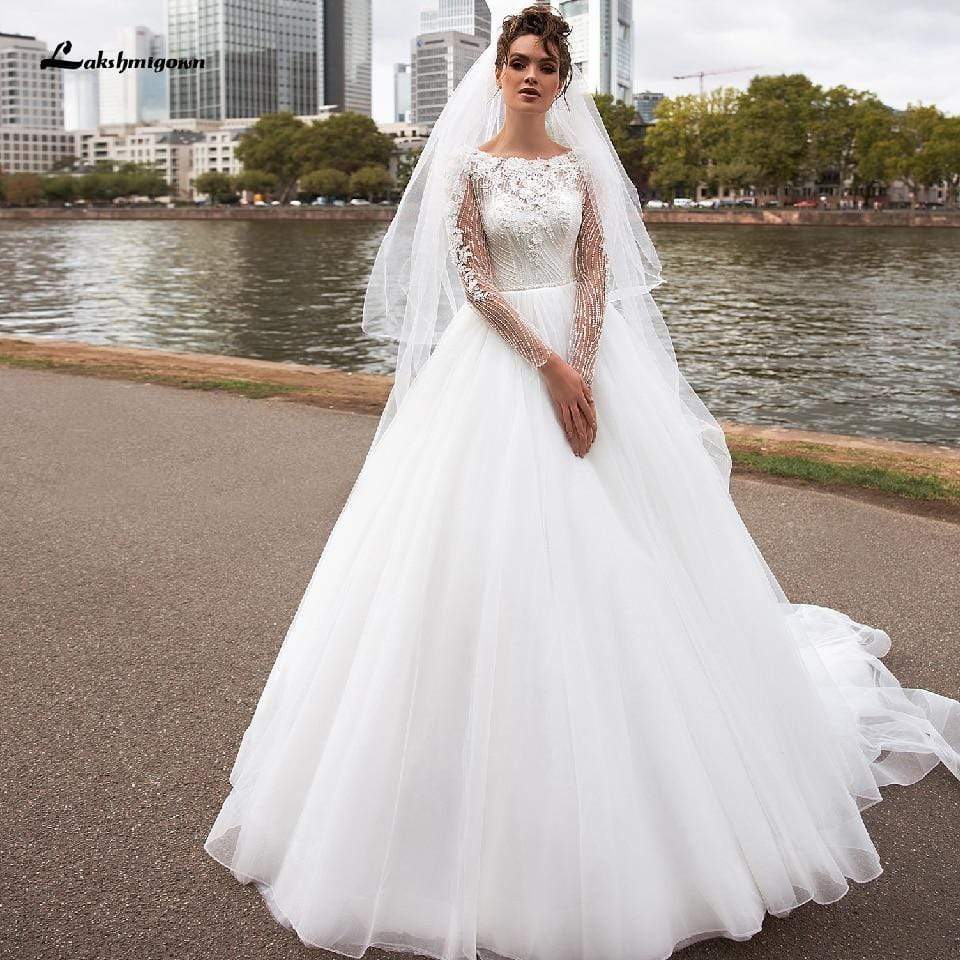 Long Sleeve Wedding Dress A Line Style Flower Lace