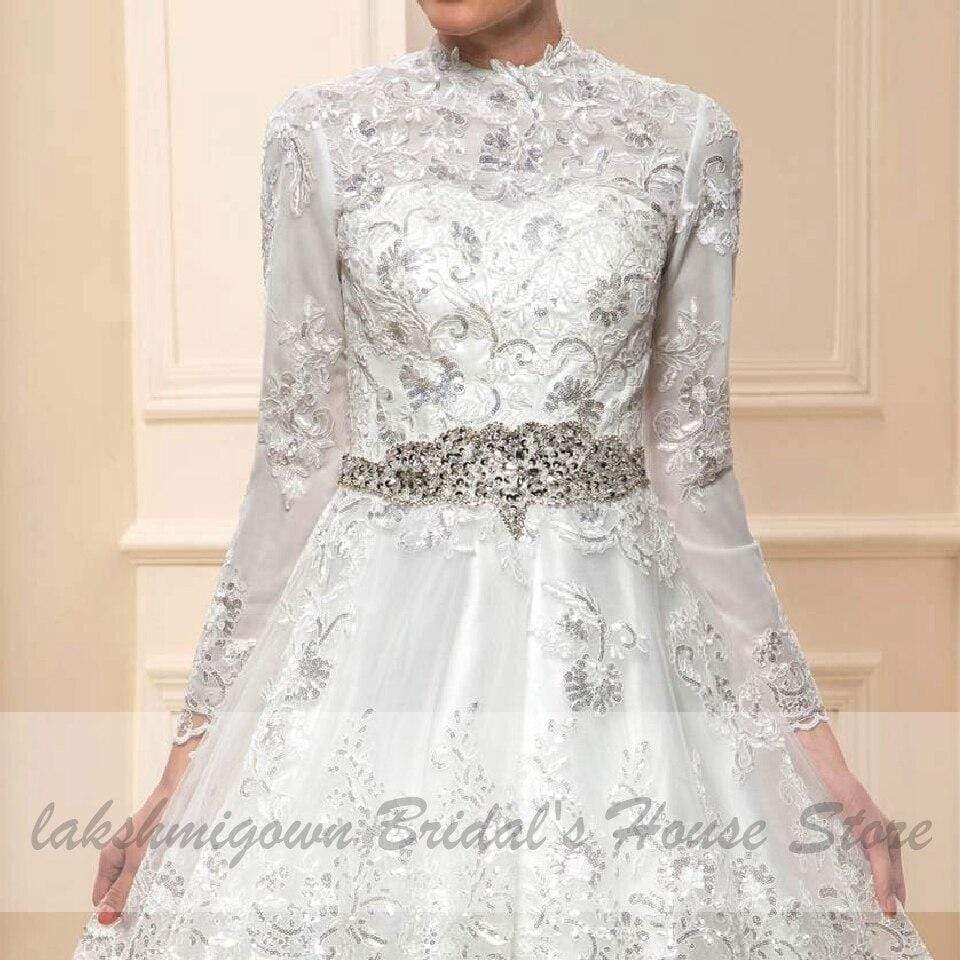Long Sleeve Wedding Dress Glitter Lace Dubai Bridal Dresses