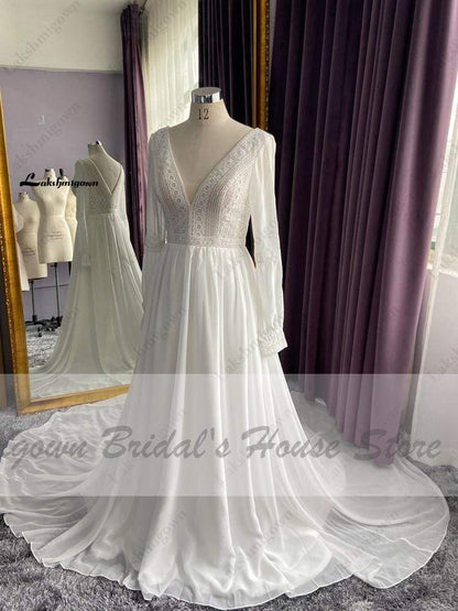 Long Sleeve Wedding Dresses A Line Simple Beach Chiffon - ROYCEBRIDAL OFFICIAL STORE