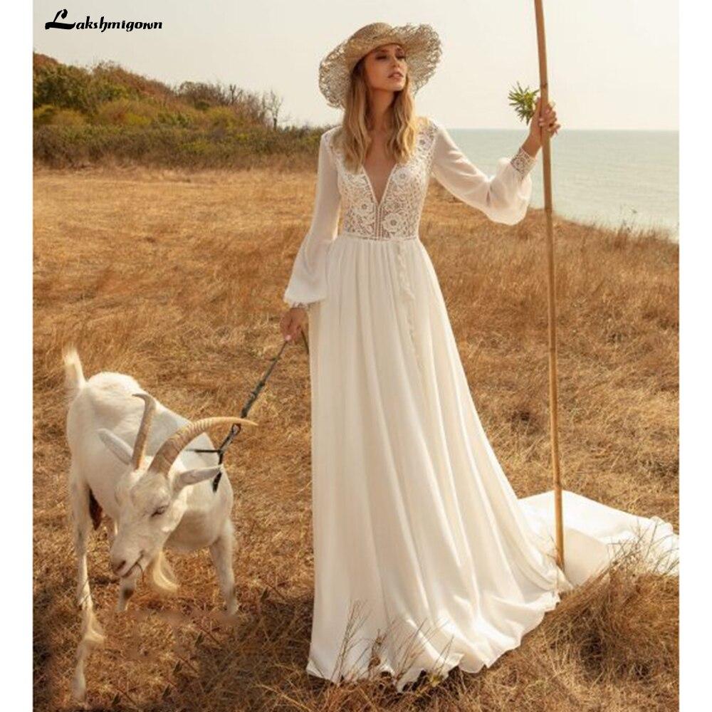 Long Sleeves Beach Wedding Dresses Lace Deep V Neck