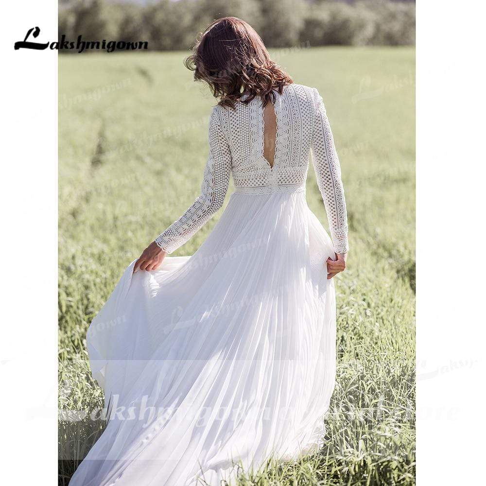 Long sleeves lace Wedding Dress Beach Simple Floor Length