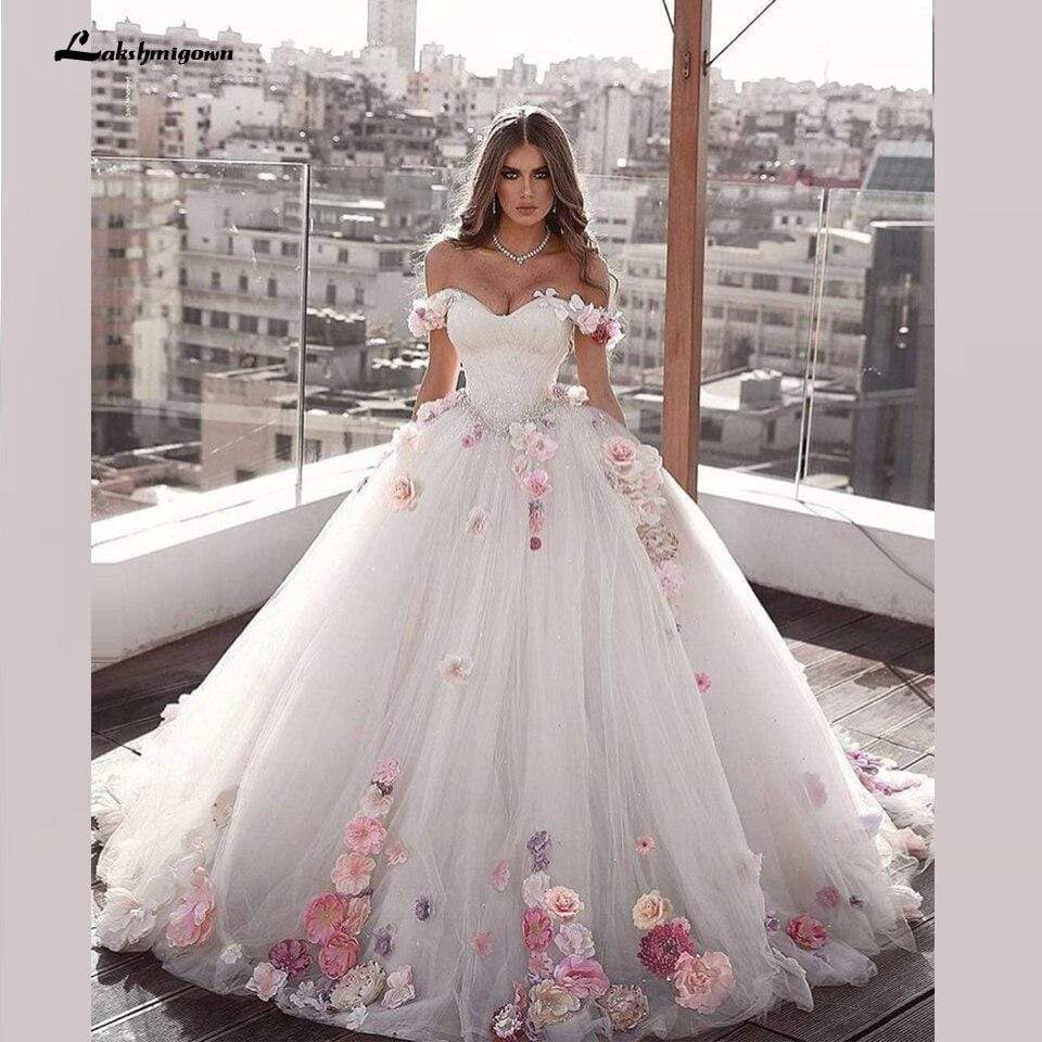 Luxury 3D Flower Wedding Gowns Corset Lace Up Back Plus Size - ROYCEBRIDAL OFFICIAL STORE