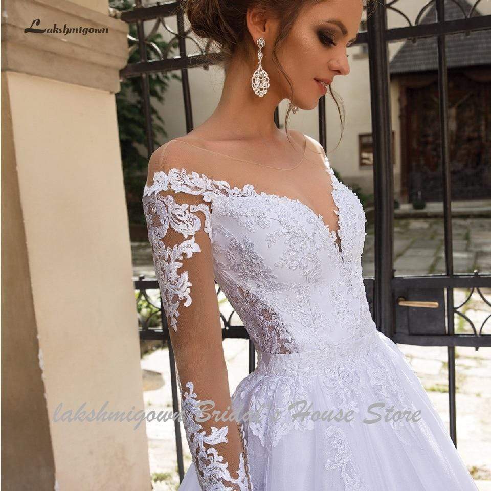 Luxury A Line Wedding Dress 2 in 1 with Sleeves Lace