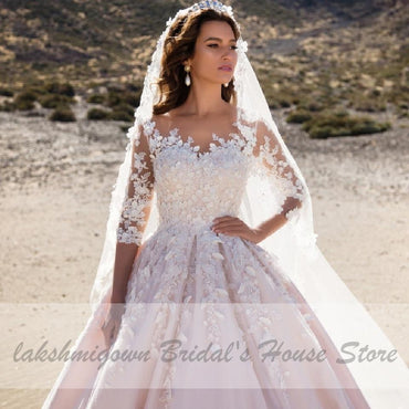 Luxury African Wedding Gowns with Floral Sleeves Muslim - ROYCEBRIDAL OFFICIAL STORE