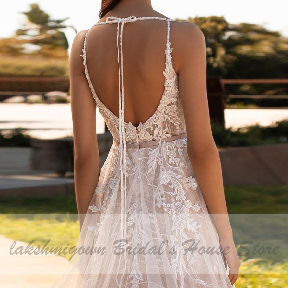 Luxury Beaded Lace Bohemian Wedding Dress Spaghetti Straps Sexy